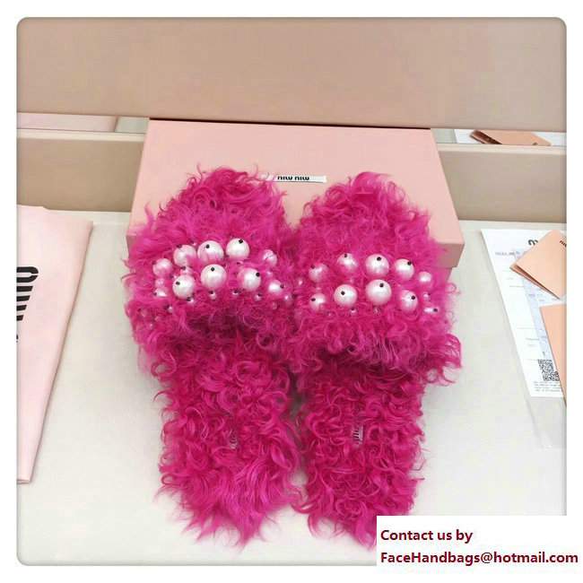 Miu Miu Pearls Shearling Slippers Sandals Fuchsia 2017