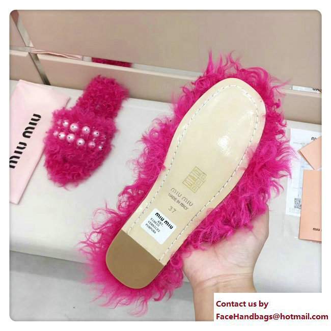 Miu Miu Pearls Shearling Slippers Sandals Fuchsia 2017