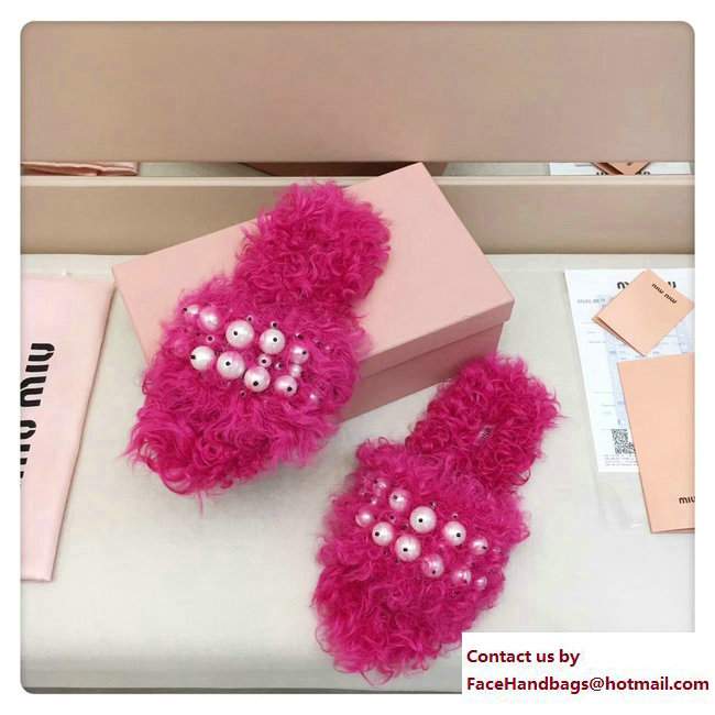 Miu Miu Pearls Shearling Slippers Sandals Fuchsia 2017