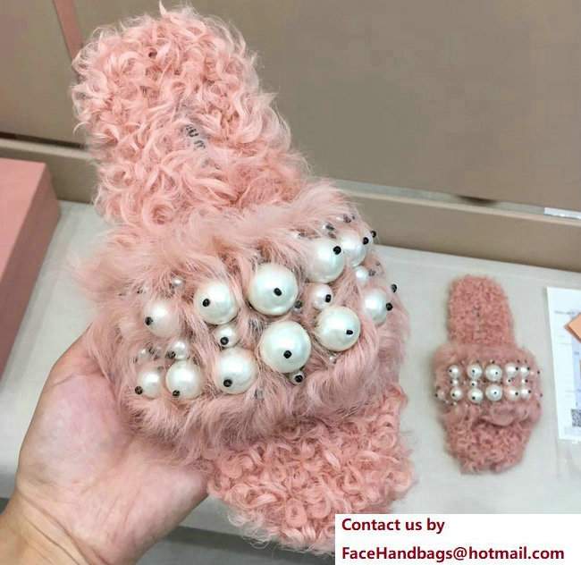 Miu Miu Pearls Shearling Slippers Sandals Pink 2017