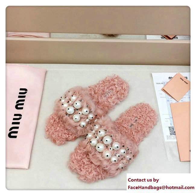 Miu Miu Pearls Shearling Slippers Sandals Pink 2017