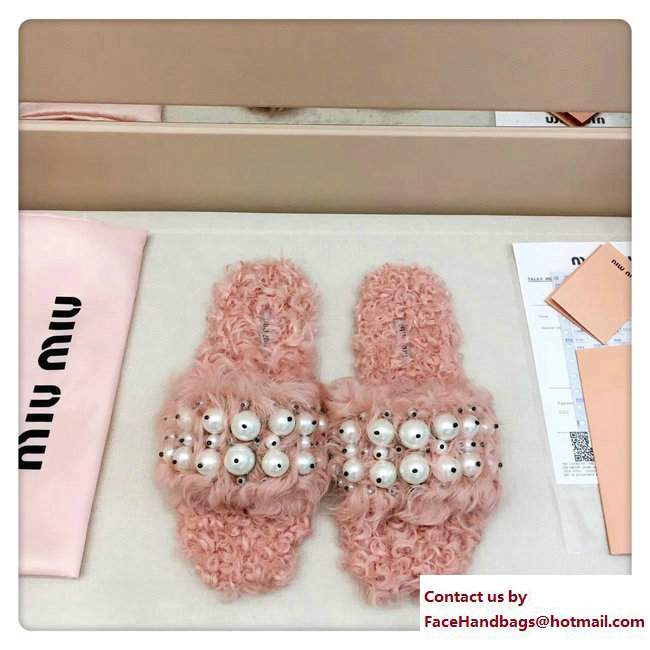 Miu Miu Pearls Shearling Slippers Sandals Pink 2017