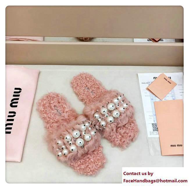 Miu Miu Pearls Shearling Slippers Sandals Pink 2017