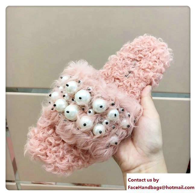 Miu Miu Pearls Shearling Slippers Sandals Pink 2017