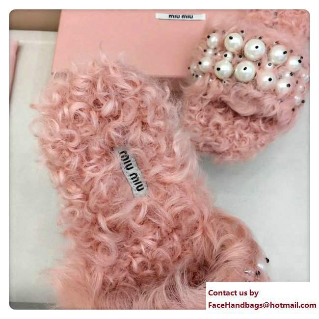 Miu Miu Pearls Shearling Slippers Sandals Pink 2017