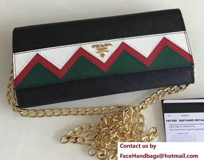 Prada Multicolored Greek Key Motif Flap Chain Shoulder Wallet 1M1290 Black