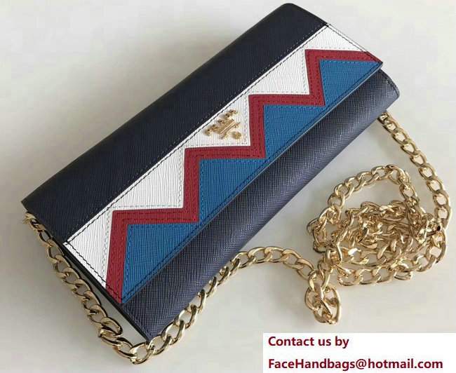 Prada Multicolored Greek Key Motif Flap Chain Shoulder Wallet 1M1290 Dark Blue