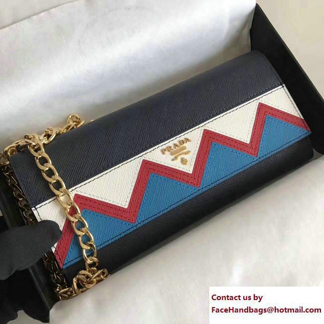 Prada Multicolored Greek Key Motif Flap Chain Shoulder Wallet 1M1290 Dark Blue