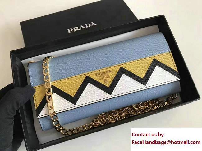 Prada Multicolored Greek Key Motif Flap Chain Shoulder Wallet 1M1290 Light Blue