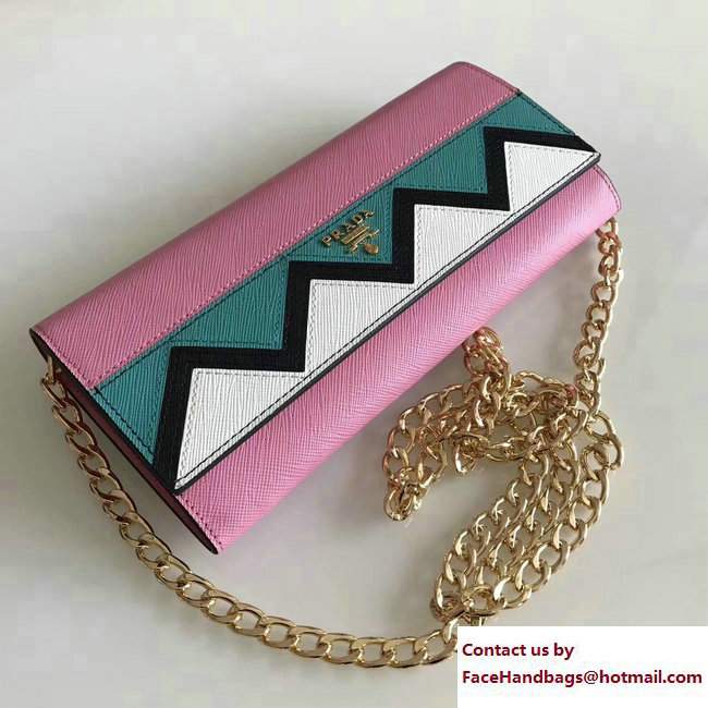 Prada Multicolored Greek Key Motif Flap Chain Shoulder Wallet 1M1290 Pink