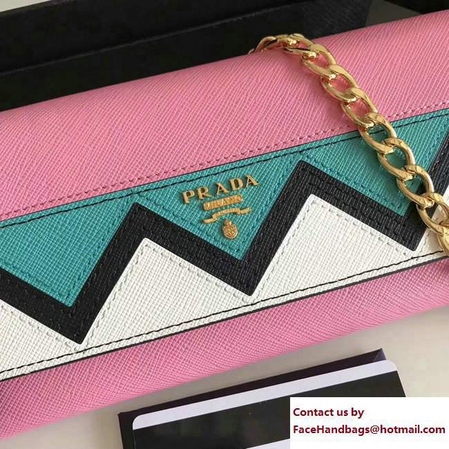 Prada Multicolored Greek Key Motif Flap Chain Shoulder Wallet 1M1290 Pink