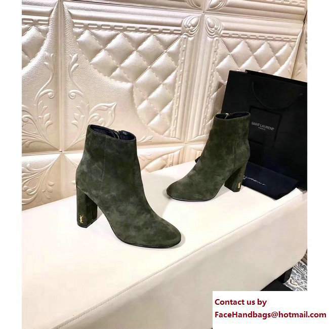 Saint Laurent Heel 9.5cm Loulou Zipped Ankle Boots Suede Army Green 2017