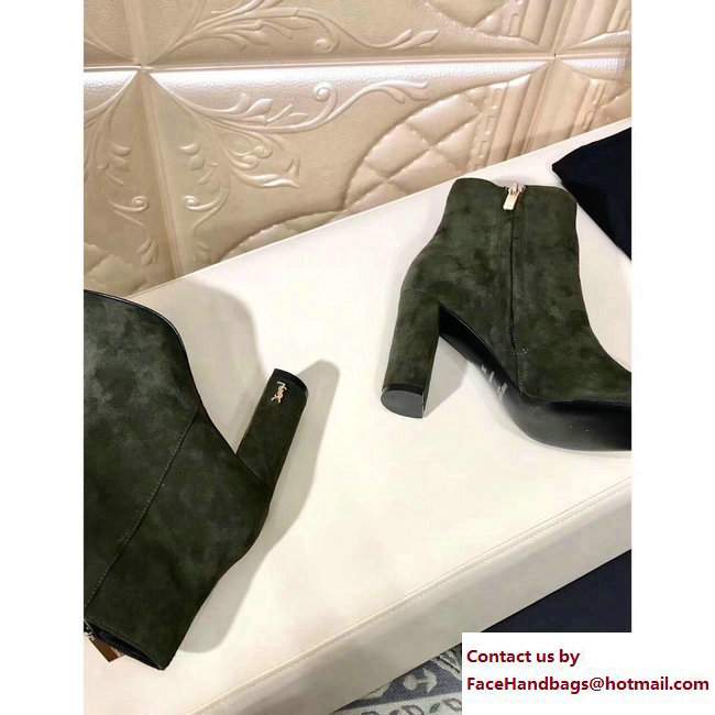 Saint Laurent Heel 9.5cm Loulou Zipped Ankle Boots Suede Army Green 2017