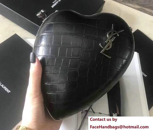 Saint Laurent Structured Heart-Shaped Love Box Bag In Black Crocodile Embossed Leather 466212 2017