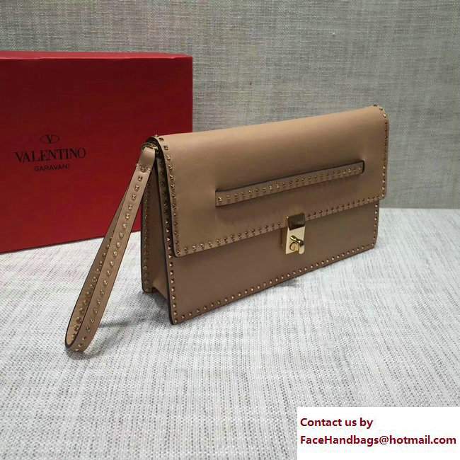 Valentino Stud Stitching Flap Clutch Bag Apricot 2017