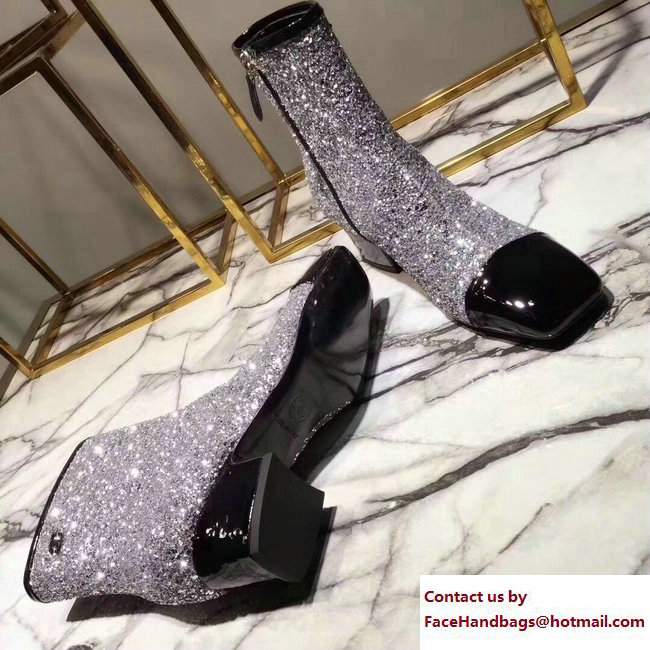 Chanel Glittered Fabric and Patent Leather Boots G33221 Black/Silver 2017