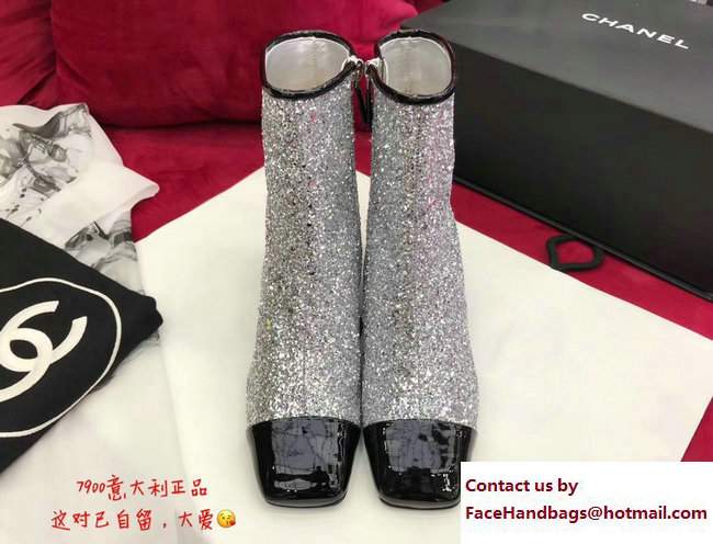 Chanel Glittered Fabric and Patent Leather Boots G33221 Black/Silver 2017