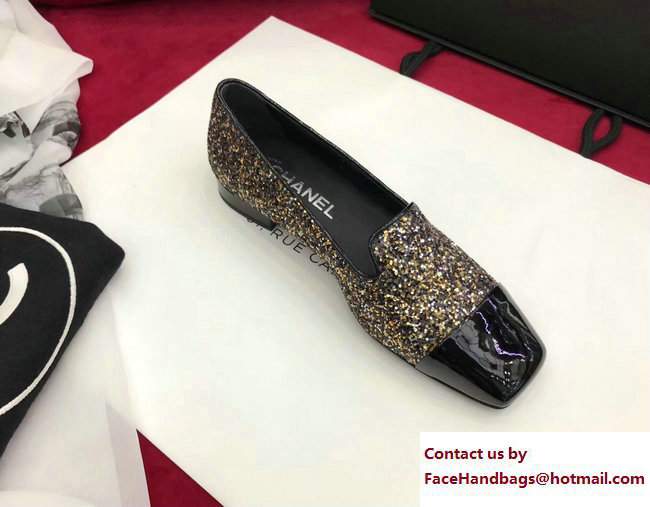 Chanel Glittered Fabric and Patent Leather Loafers G33227 Black/Gold 2017