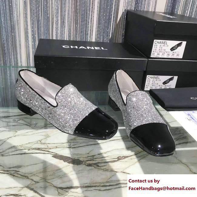 Chanel Glittered Fabric and Patent Leather Loafers G33227 Black/Silver 2017