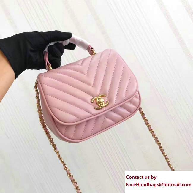 Chanel Lambskin Chevron Flap Bag with Top Handle A98791 Pink 2017