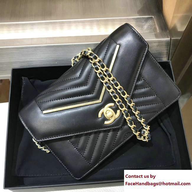 Chanel Lambskin Gold Metal Chevron Wallet On Chain WOC Bag A84362 Black 2017