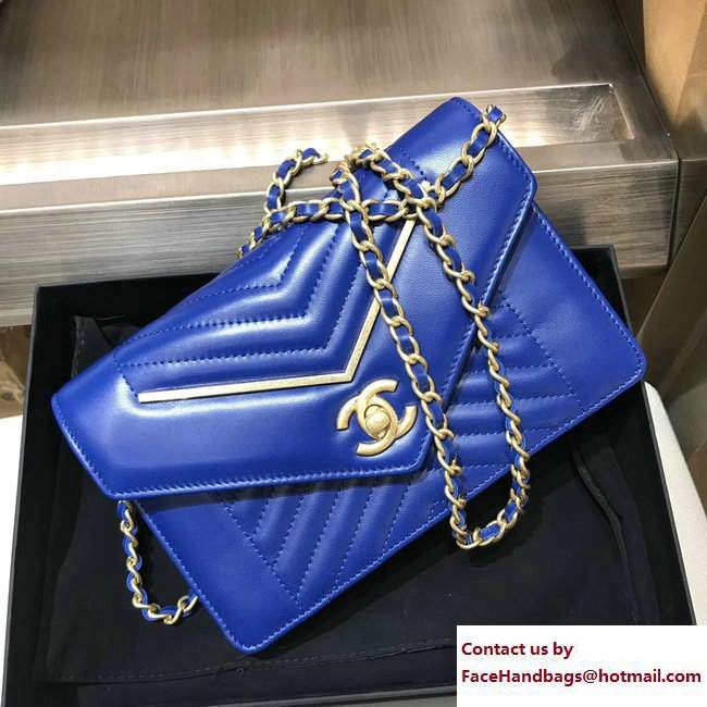 Chanel Lambskin Gold Metal Chevron Wallet On Chain WOC Bag A84362 Blue 2017