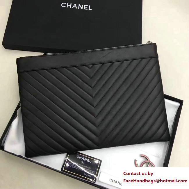 Chanel Sheepskin Chevron CC Pouch Clutch Large Bag A80992 Black 2017