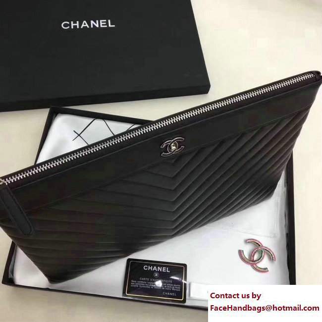 Chanel Sheepskin Chevron CC Pouch Clutch Large Bag A80992 Black 2017