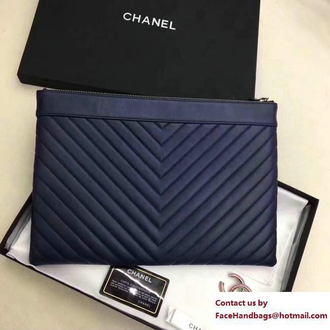 Chanel Sheepskin Chevron CC Pouch Clutch Large Bag A80992 Navy Blue 2017