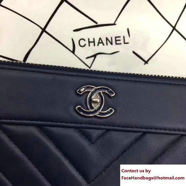 Chanel Sheepskin Chevron CC Pouch Clutch Large Bag A80992 Navy Blue 2017