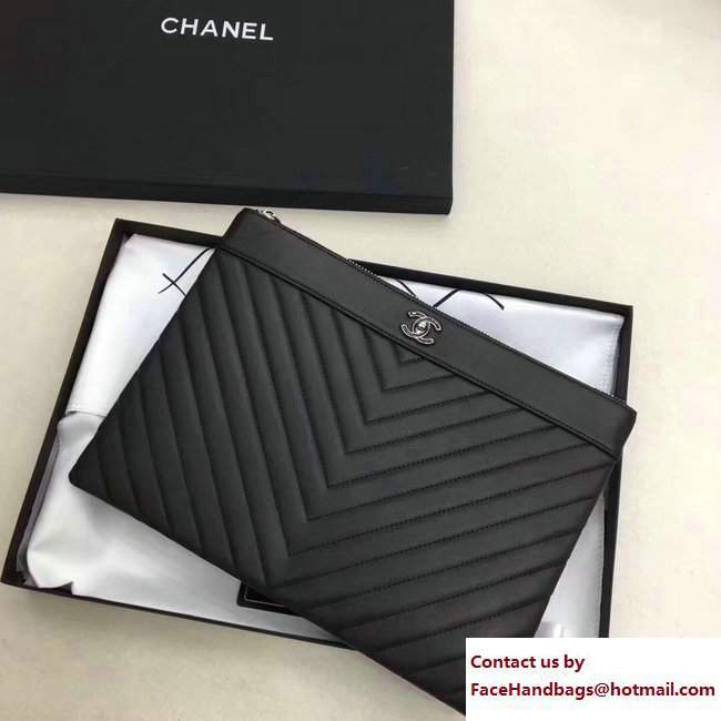 Chanel Sheepskin Chevron CC Pouch Clutch Small Bag A80992 Black 2017