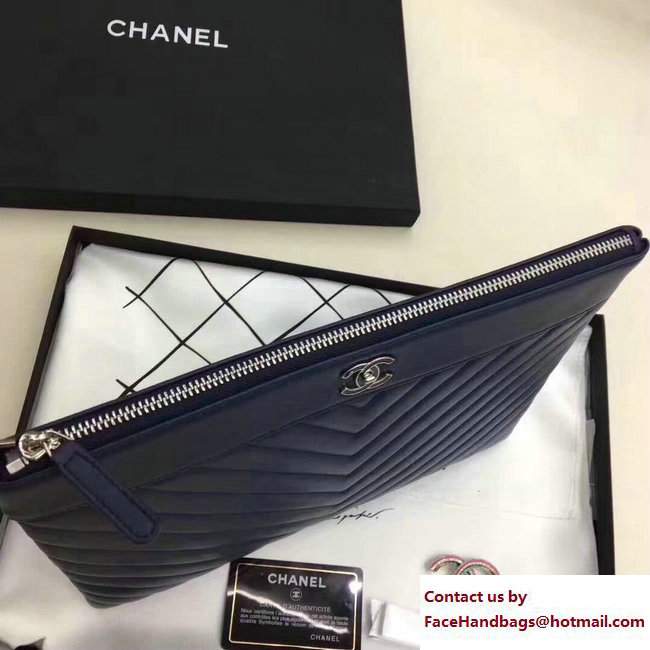 Chanel Sheepskin Chevron CC Pouch Clutch Small Bag A80992 Navy Blue 2017