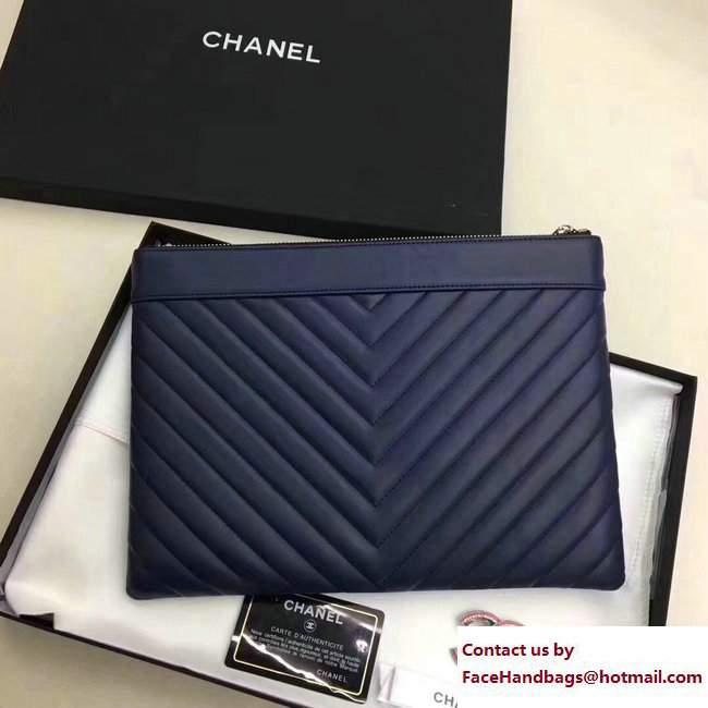 Chanel Sheepskin Chevron CC Pouch Clutch Small Bag A80992 Navy Blue 2017