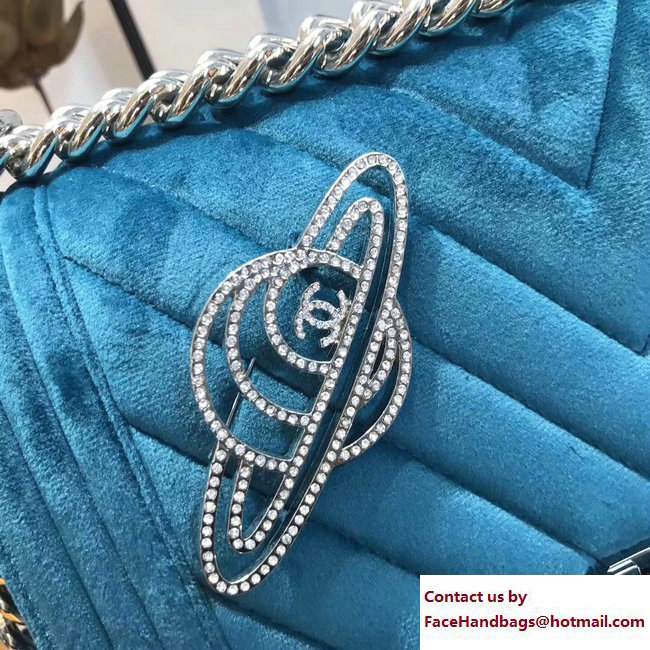 Chanel Velvet Boy Flap Medium Bag With Strass Planet Brooch Turquoise 2017