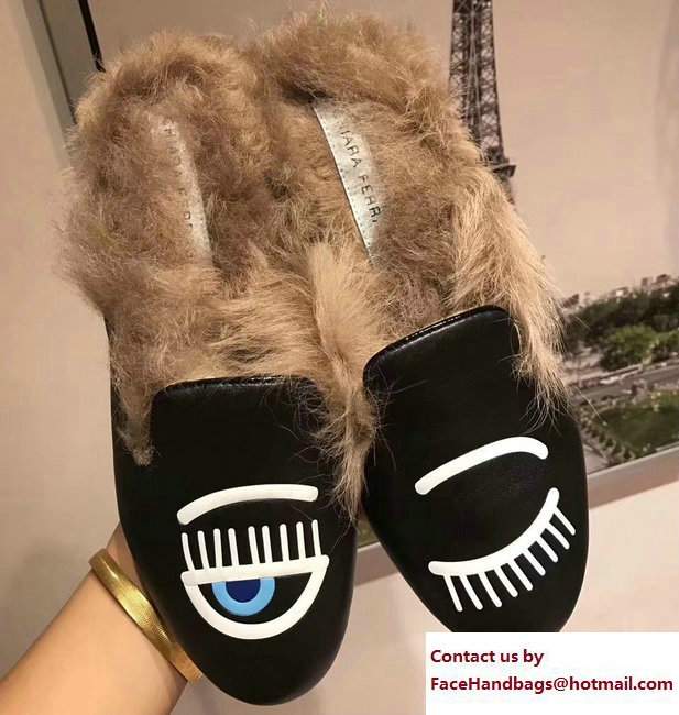 Chiara Ferragni Calf Fur Flirting Sabot Flats Black 2017 - Click Image to Close