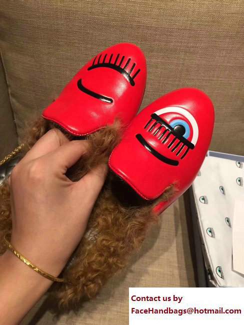 Chiara Ferragni Calf Fur Flirting Sabot Flats Red 2017