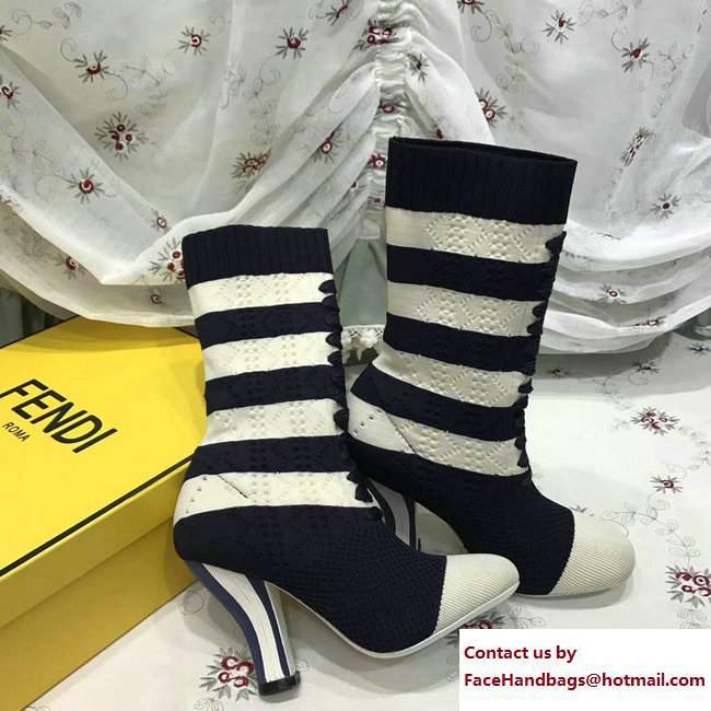 Fendi Heel 10cm Fabric Rockoko Runway Ankle Boots Stripe Blue/White 2017