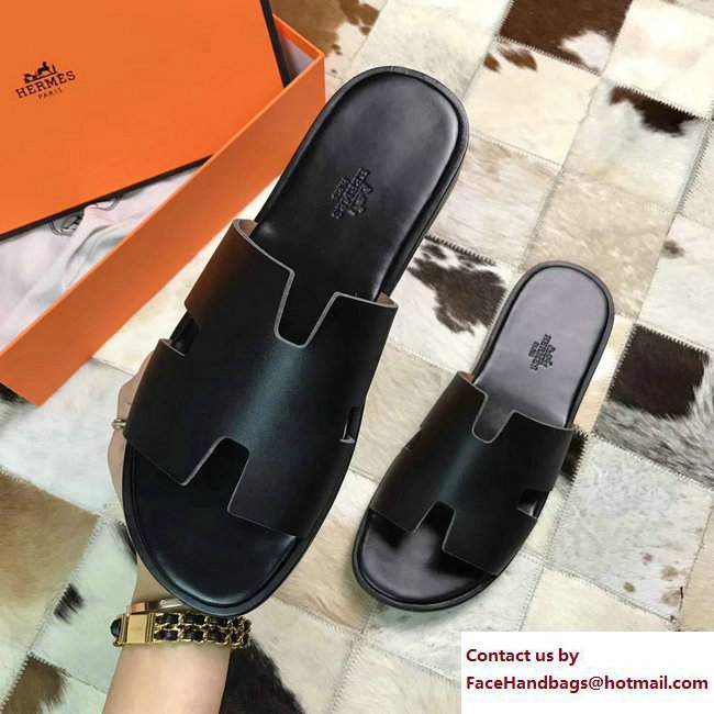 Hermes Izmir Men's Slipper Sandals in Box Calfskin Black