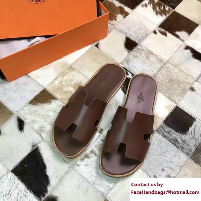 Hermes Izmir Men's Slipper Sandals in Box Calfskin Dark Brown