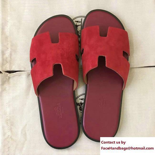 Hermes Izmir Men's Slipper Sandals in Suede Calfskin Red