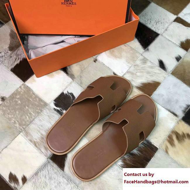 Hermes Izmir Men's Slipper Sandals in Togo Calfskin Brown