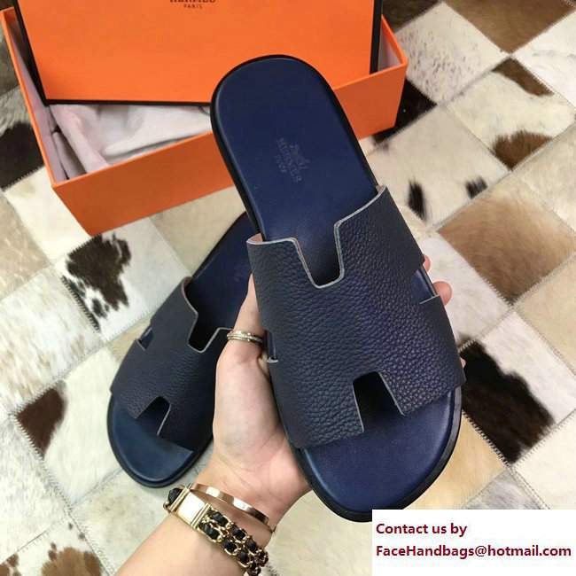 Hermes Izmir Men's Slipper Sandals in Togo Calfskin Navy Blue