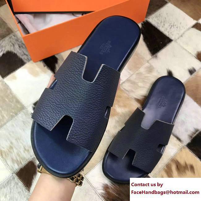 Hermes Izmir Men's Slipper Sandals in Togo Calfskin Navy Blue