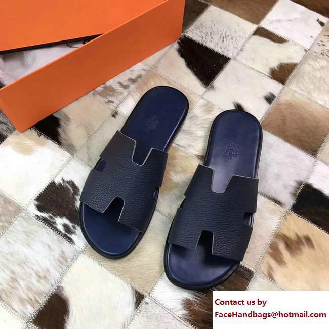 Hermes Izmir Men's Slipper Sandals in Togo Calfskin Navy Blue