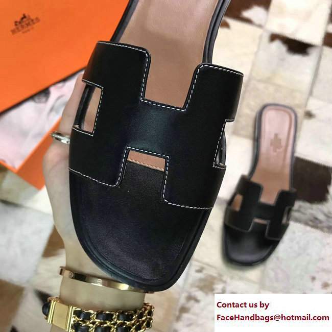 Hermes Oran Slipper Sandals in Box Calfskin Black