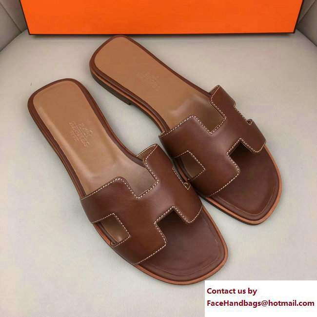 Hermes Oran Slipper Sandals in Box Calfskin Brown