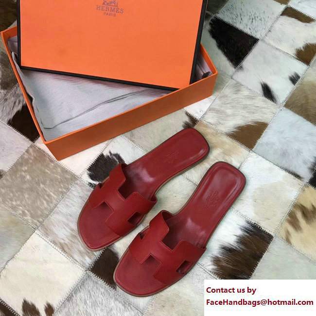 Hermes Oran Slipper Sandals in Epsom Calfskin Dark Red