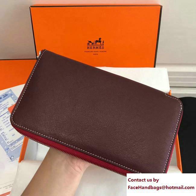 Hermes Swift Leather Cards Zipper Wallet Purplish Red