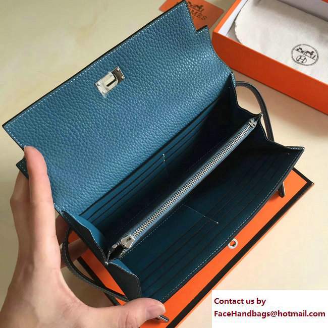 Hermes Togo Leather Kelly Long Wallet Galicia Blue