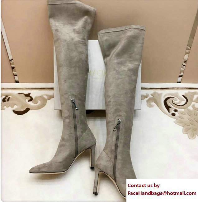 Jimmy Choo Lorraine 85 Velvet Pointy Toe Over The Knee Boots Light Gray 2017